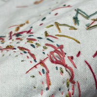 Close-up of underside of embroidered fabric with colourful thread patterns on a white background