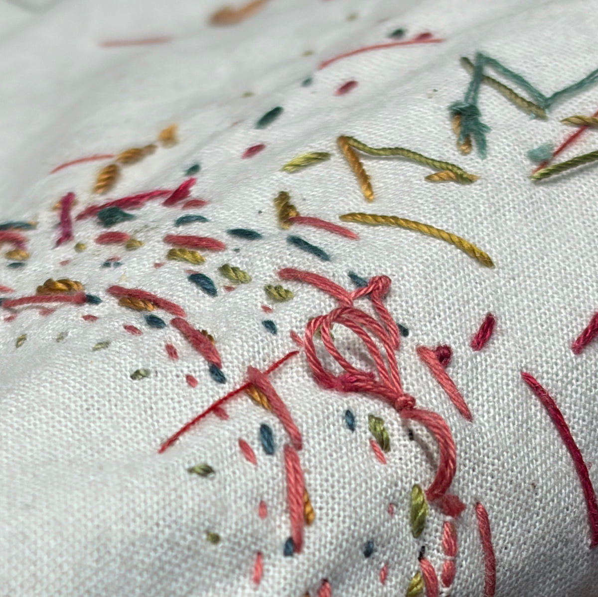 Close-up of underside of embroidered fabric with colourful thread patterns on a white background