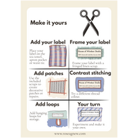 An instructional poster titled 'Make it yours' from Rose Agnew, showing six DIY craft activity panels with scissors, a labeled tea towel, a fringed linen scrap, decorative patches, hanging loops, and sample label frames.