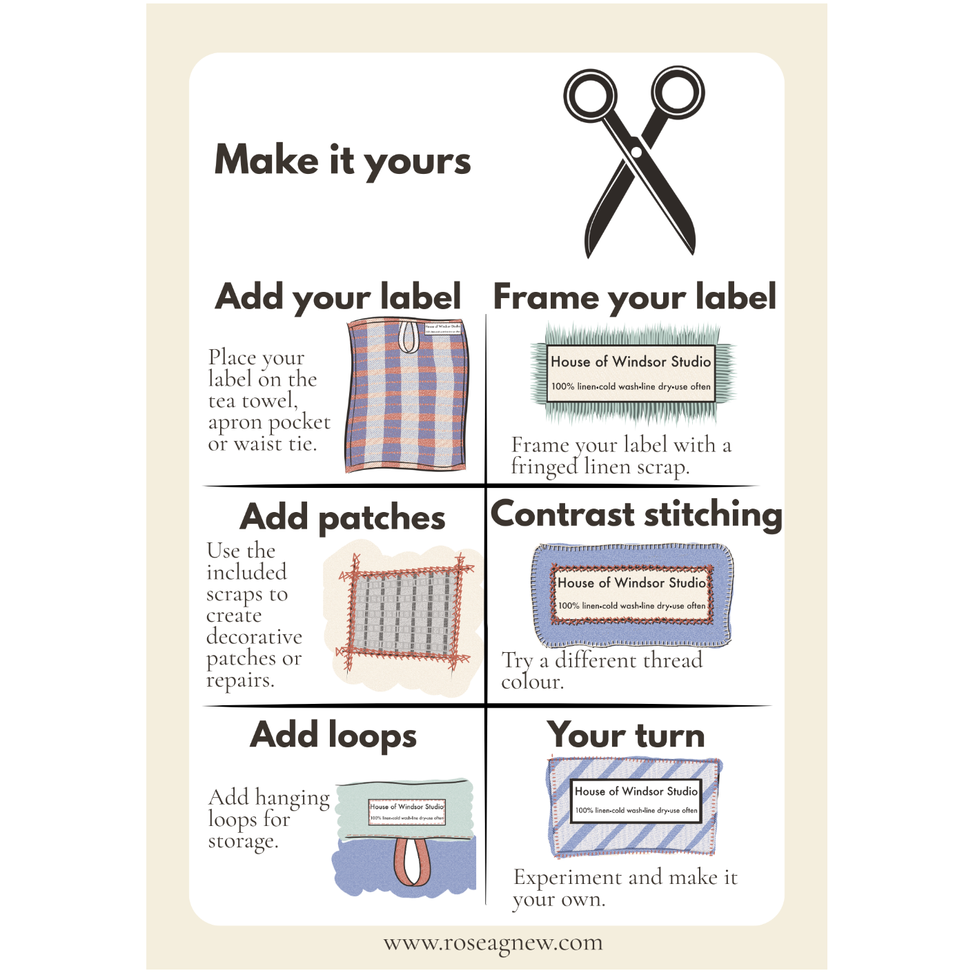 An instructional poster titled 'Make it yours' from Rose Agnew, showing six DIY craft activity panels with scissors, a labeled tea towel, a fringed linen scrap, decorative patches, hanging loops, and sample label frames.