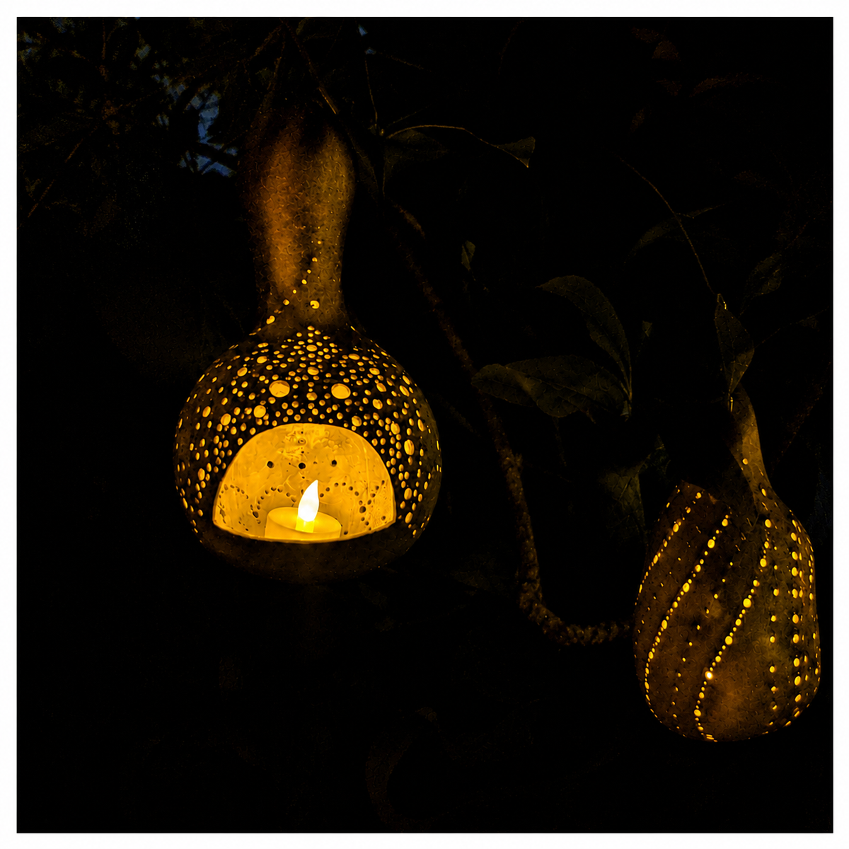 Decorative lantern with a lit candle inside, surrounded by dark foliage.